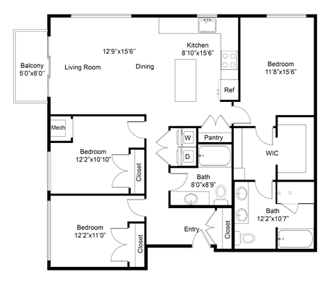 Floor plan for 3 beds, 2 baths, 1478 sqft